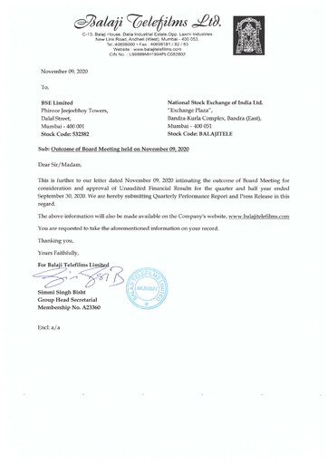 Thumbnail Balaji Telefilms
 Quarterly Report 2020-q2