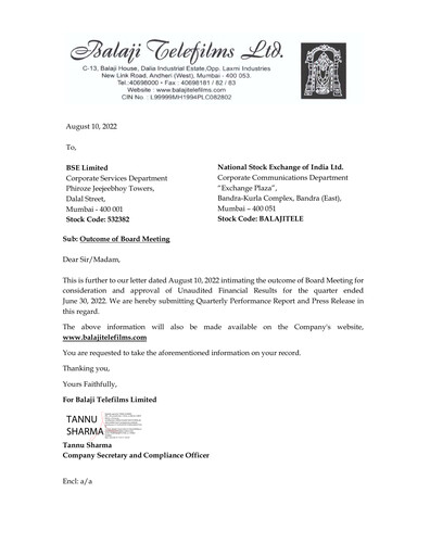 Thumbnail Balaji Telefilms
 Quarterly Report 2022-q1