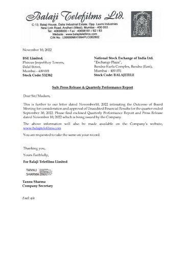 Thumbnail Balaji Telefilms
 Quarterly Report 2022-q2