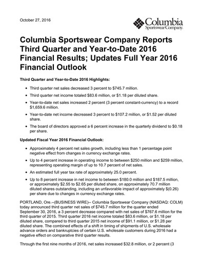 Miniature Columbia Sportswear
 Rapport trimestriel 2016-q3