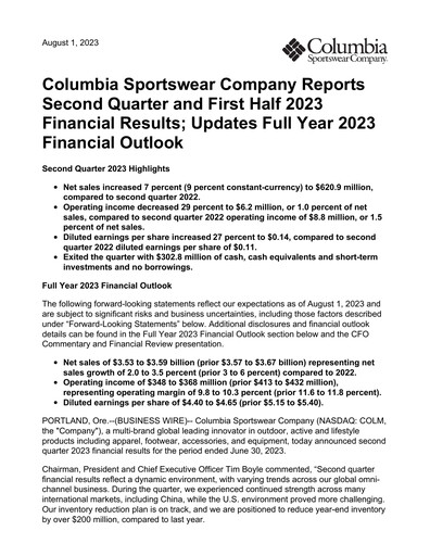 Miniature Columbia Sportswear
 Rapport trimestriel 2023-q2