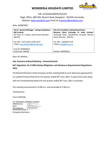Thumbnail Wonderla Holidays Quarterly Report 2021-q1