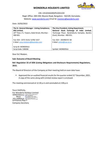Thumbnail Wonderla Holidays Quarterly Report 2021-q3