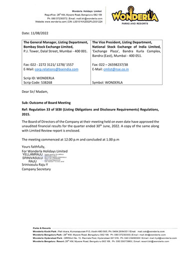 Thumbnail Wonderla Holidays Quarterly Report 2022-q1