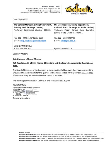 Thumbnail Wonderla Holidays Quarterly Report 2022-q2