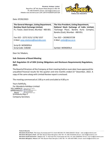 Thumbnail Wonderla Holidays Quarterly Report 2022-q3
