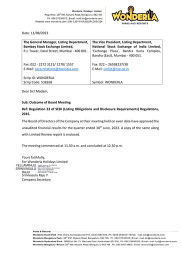 Thumbnail Wonderla Holidays Quarterly Report 2023-q1