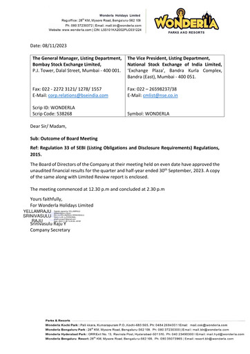 Thumbnail Wonderla Holidays Quarterly Report 2023-q2