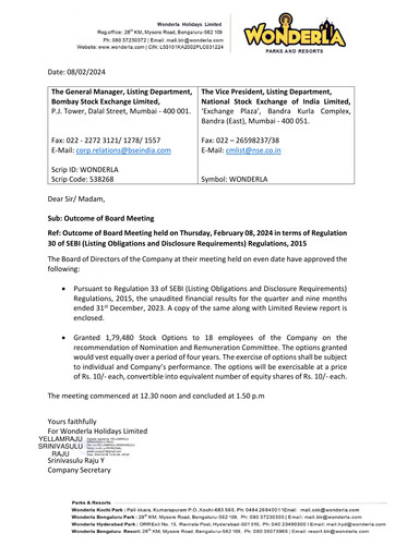 Thumbnail Wonderla Holidays Quarterly Report 2023-q3