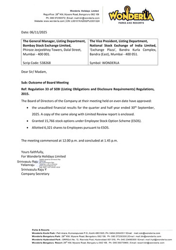 Thumbnail Wonderla Holidays Quarterly Report 2025-q2
