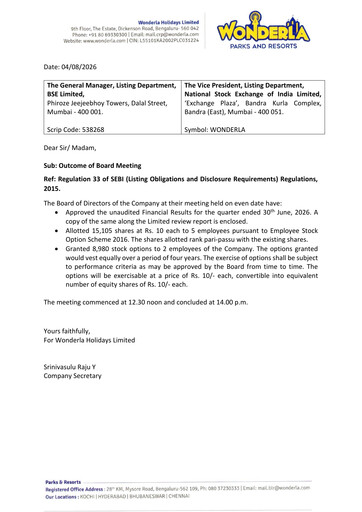 Thumbnail Wonderla Holidays Quarterly Report 2026-q1