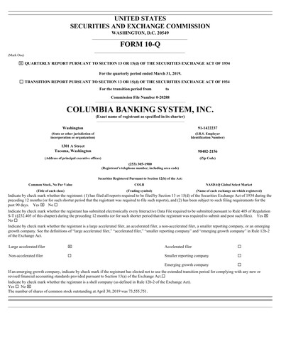 Thumbnail Columbia Banking System Quarterly Report 2019-q1