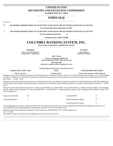Thumbnail Columbia Banking System Quarterly Report 2019-q2