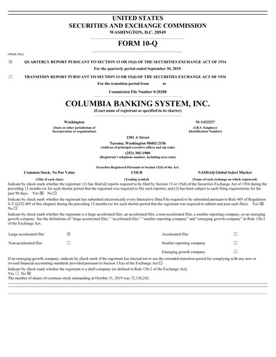 Thumbnail Columbia Banking System Quarterly Report 2019-q3