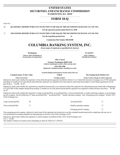 Thumbnail Columbia Banking System Quarterly Report 2020-q1