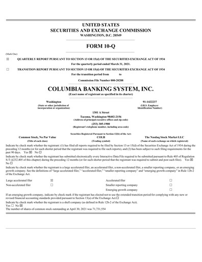 Thumbnail Columbia Banking System Quarterly Report 2021-q1