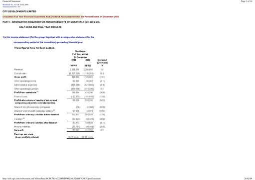 Thumbnail City Developments Financial Statement 2003