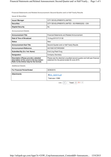 Thumbnail City Developments Half-year Report 2015-h1