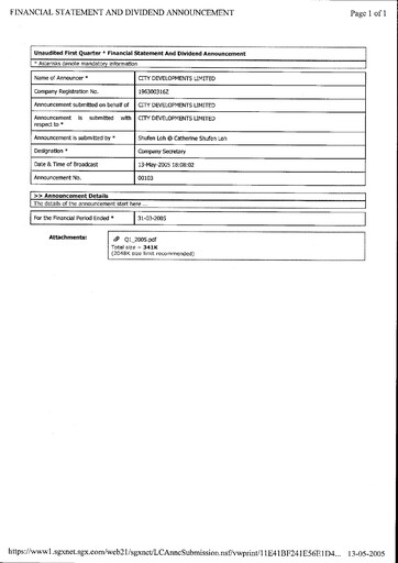 Thumbnail City Developments Quarterly Report 2005-q1