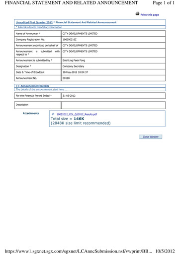 Thumbnail City Developments Quarterly Report 2012-q1