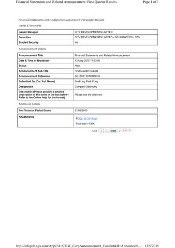 Thumbnail City Developments Quarterly Report 2015-q1