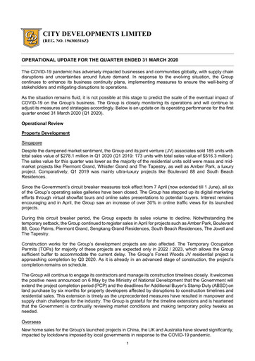 Thumbnail City Developments Quarterly Report 2020-q1