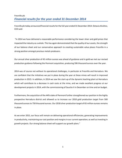 Thumbnail Fresnillo Financial Report 2014