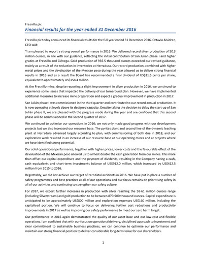 Thumbnail Fresnillo Financial Report 2016