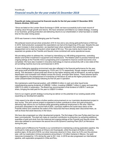 Thumbnail Fresnillo Financial Report 2018