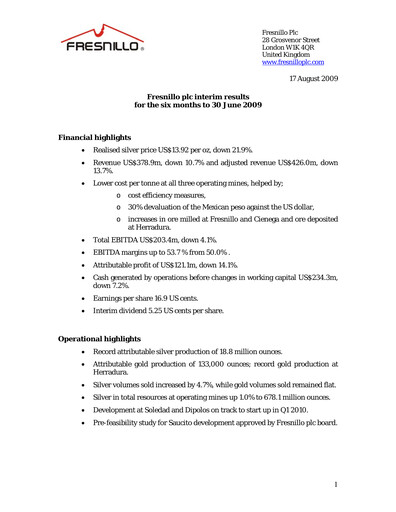 Thumbnail Fresnillo Half-year Report 2009-h1