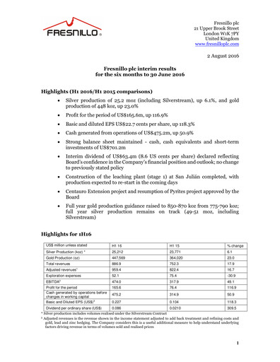 Thumbnail Fresnillo Half-year Report 2016-h1
