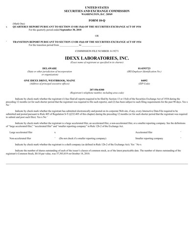 Thumbnail IDEXX Laboratories Quarterly Report 2010-q3
