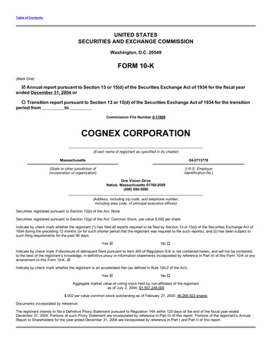 Thumbnail Cognex Annual Report 2004