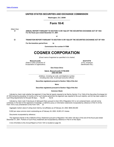 Thumbnail Cognex Financial Report 2001
