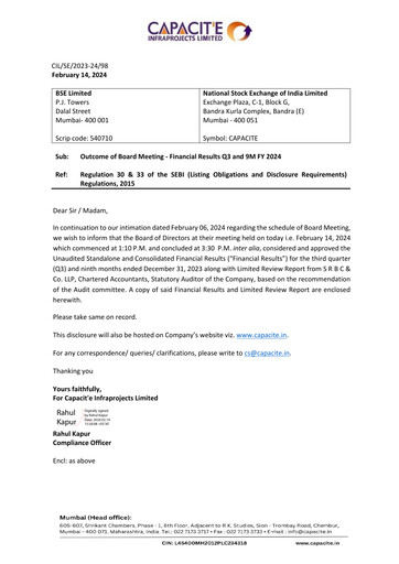Thumbnail Capacit'e Infraprojects
 Quarterly Report 2023-q3
