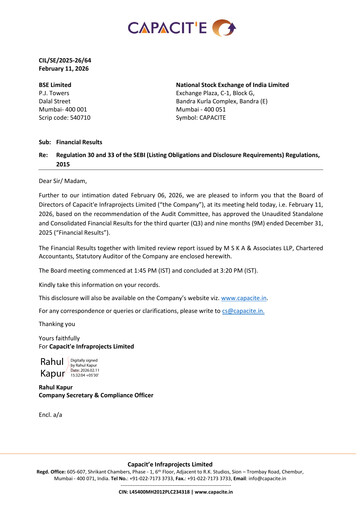 Thumbnail Capacit'e Infraprojects
 Quarterly Report 2025-q3