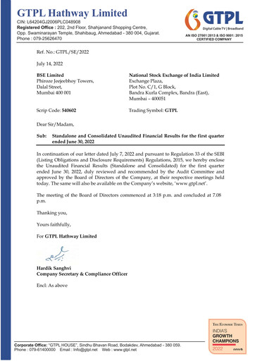 Thumbnail GTPL Hathway Quarterly Report 2022-q1