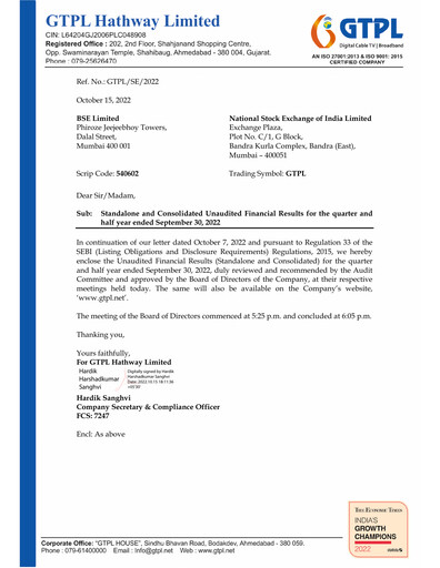 Thumbnail GTPL Hathway Quarterly Report 2022-q2