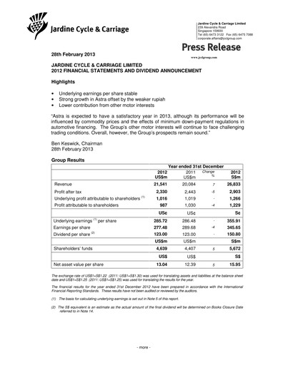 Thumbnail Jardine Cycle & Carriage Financial Statement 2012