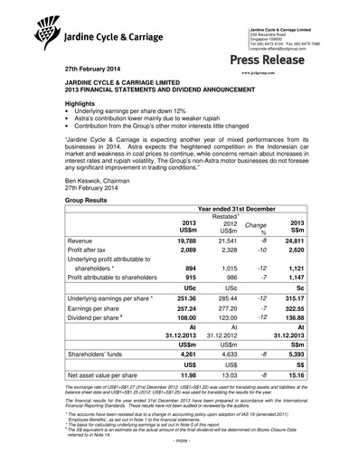 Thumbnail Jardine Cycle & Carriage Financial Statement 2013