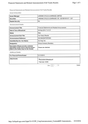 Thumbnail Jardine Cycle & Carriage Financial Statement 2015