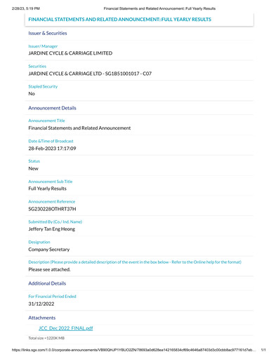 Thumbnail Jardine Cycle & Carriage Financial Statement 2022