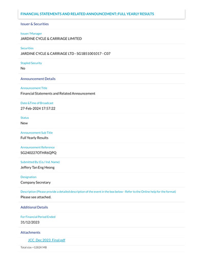 Thumbnail Jardine Cycle & Carriage Financial Statement 2023