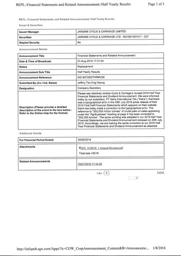 Thumbnail Jardine Cycle & Carriage Half-year Report 2016-h1