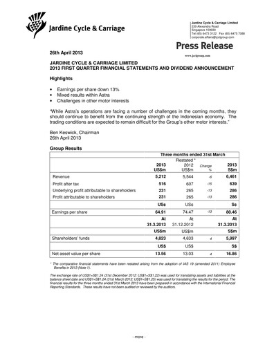 Thumbnail Jardine Cycle & Carriage Quarterly Report 2013-q1