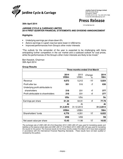 Thumbnail Jardine Cycle & Carriage Quarterly Report 2014-q1