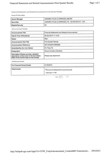 Thumbnail Jardine Cycle & Carriage Quarterly Report 2015-q1