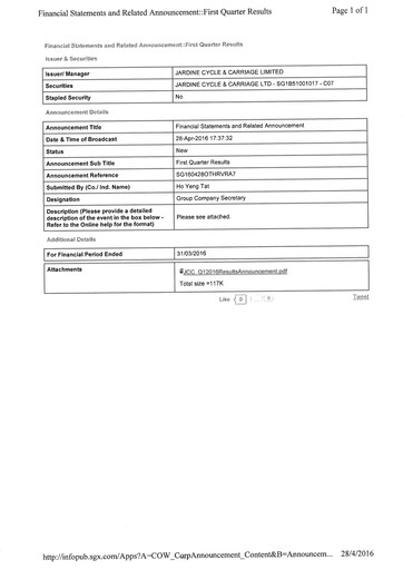 Thumbnail Jardine Cycle & Carriage Quarterly Report 2016-q1
