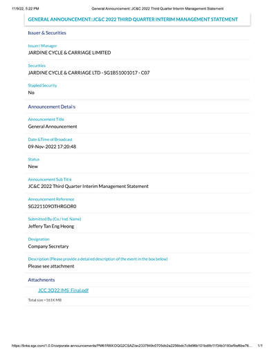 Thumbnail Jardine Cycle & Carriage Quarterly Report 2022-q3