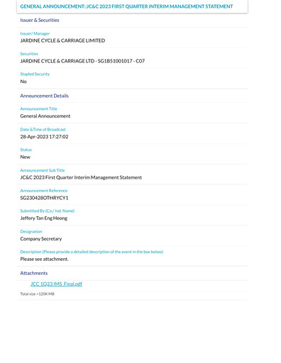 Thumbnail Jardine Cycle & Carriage Quarterly Report 2023-q1